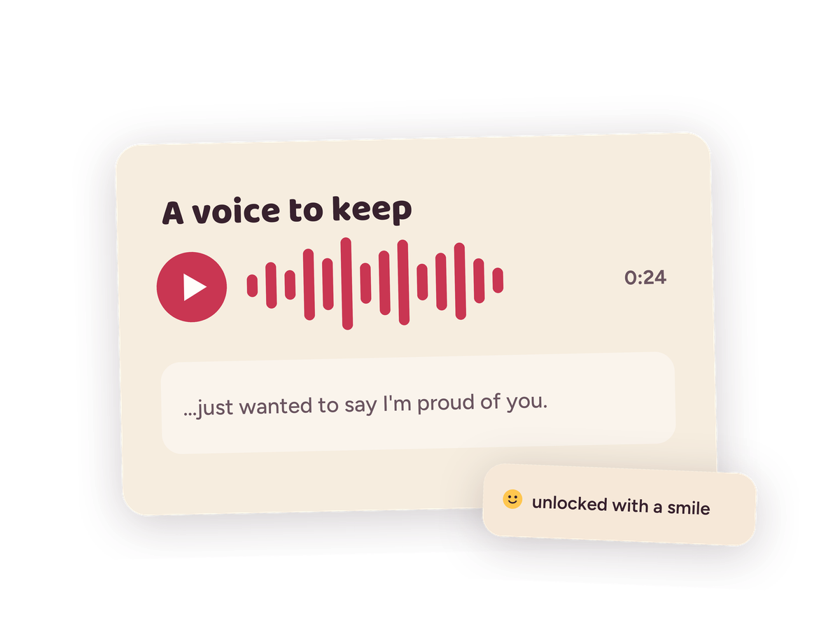 A voice note with waveform and transcript, unlocked with a smile